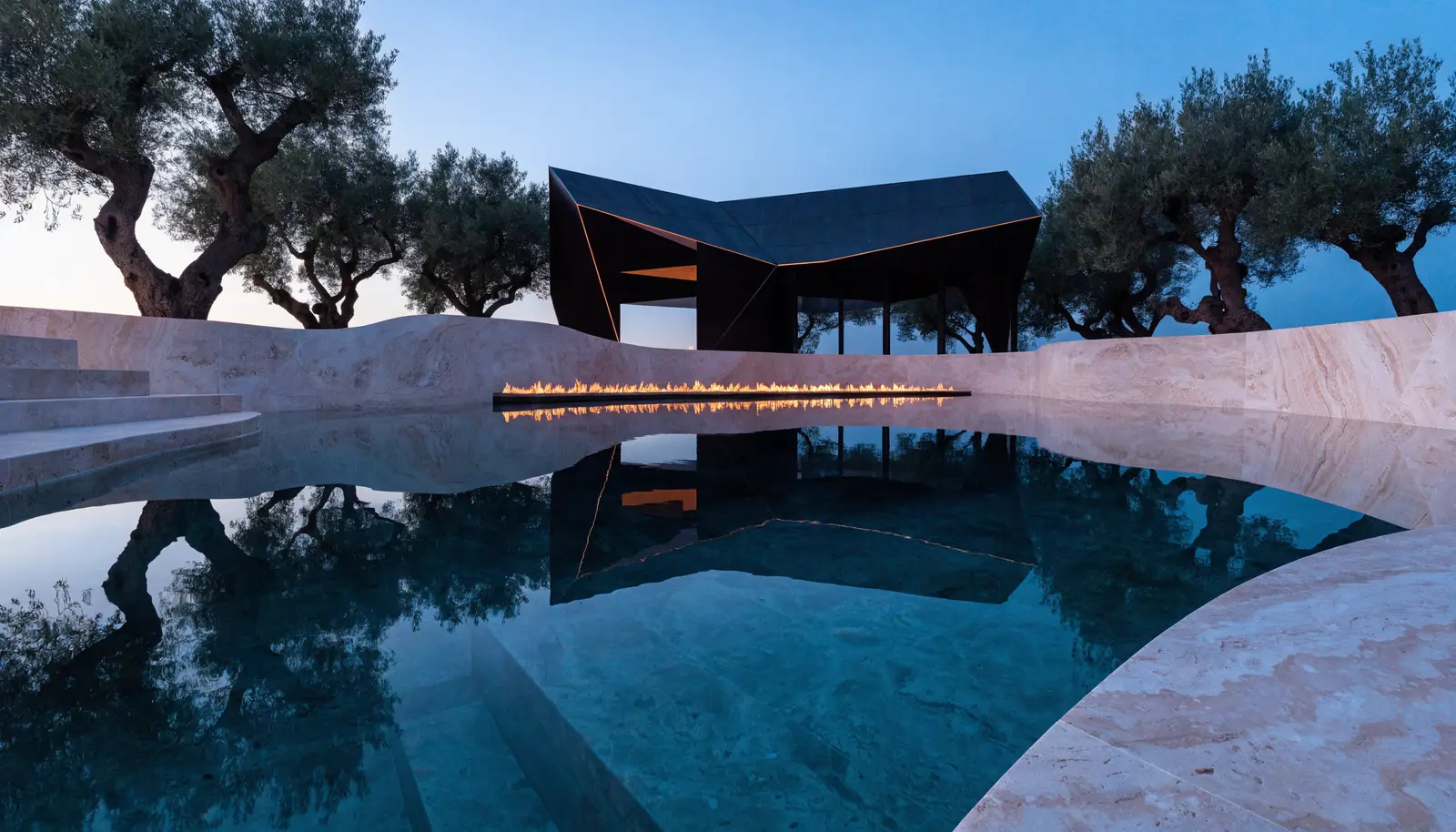 Pool, pavilion, and landscape unified by one visual direction