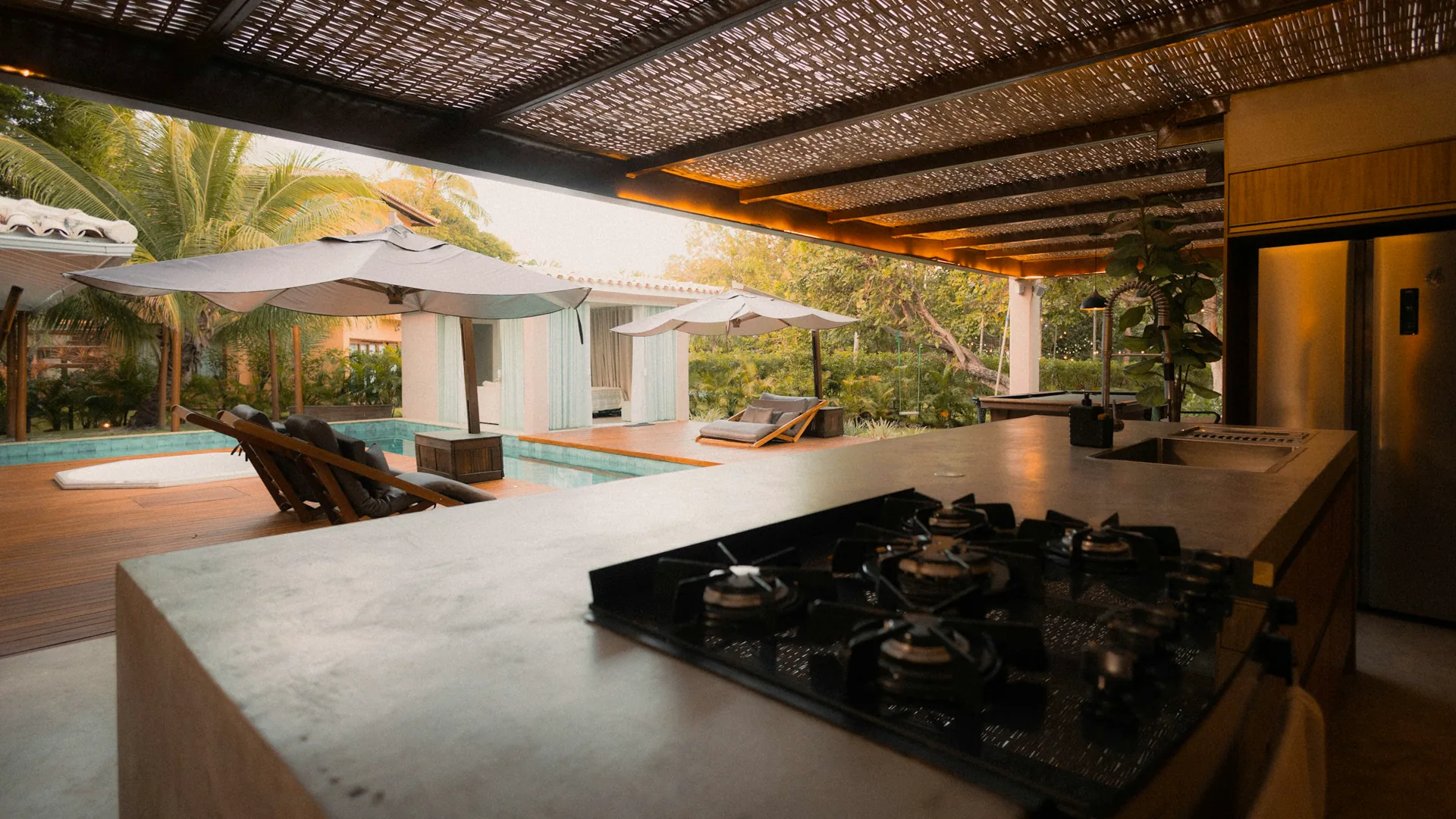 Real outdoor kitchen and covered gathering space
